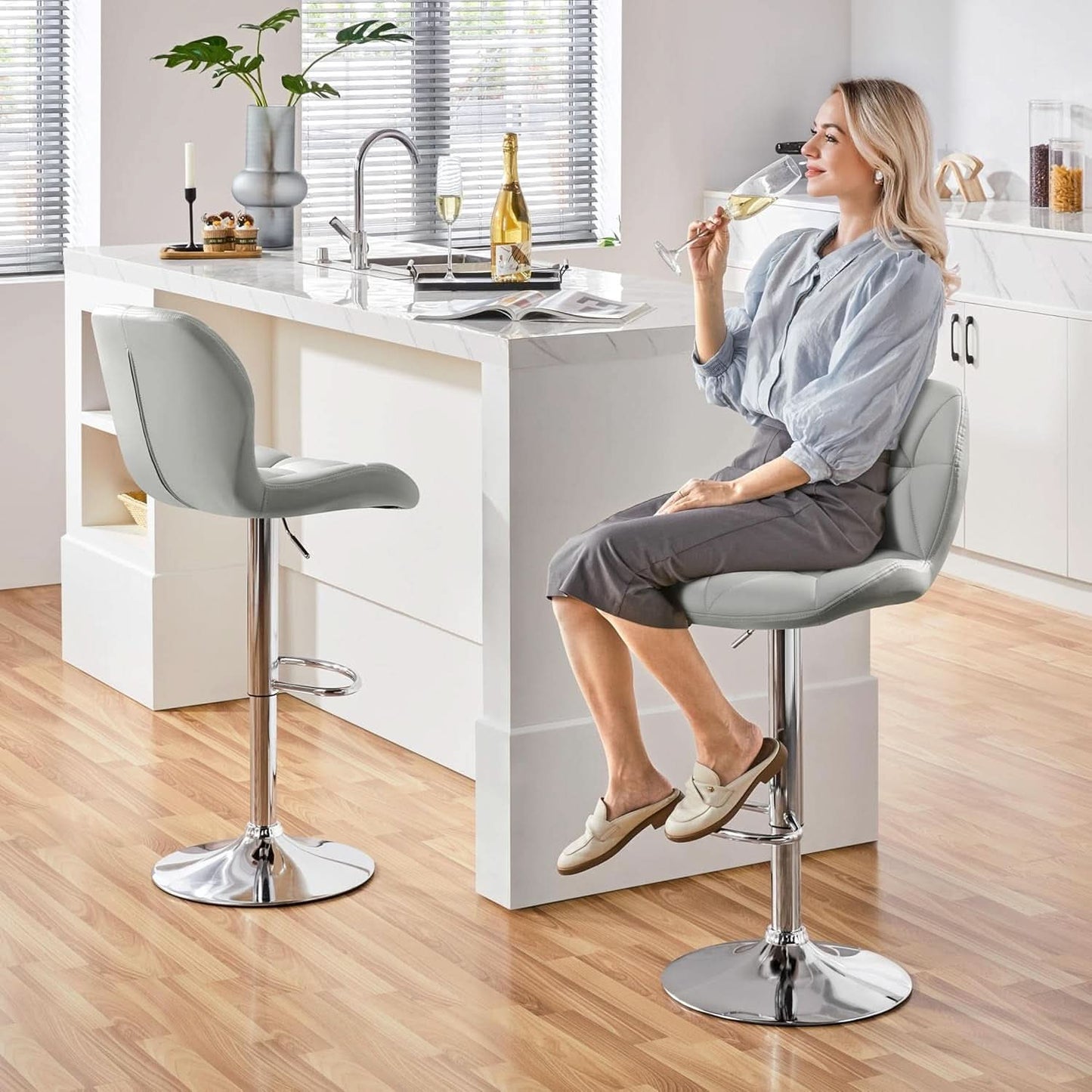 Grey PU Leather Bar Stools Set Of 2 Adjustable Height