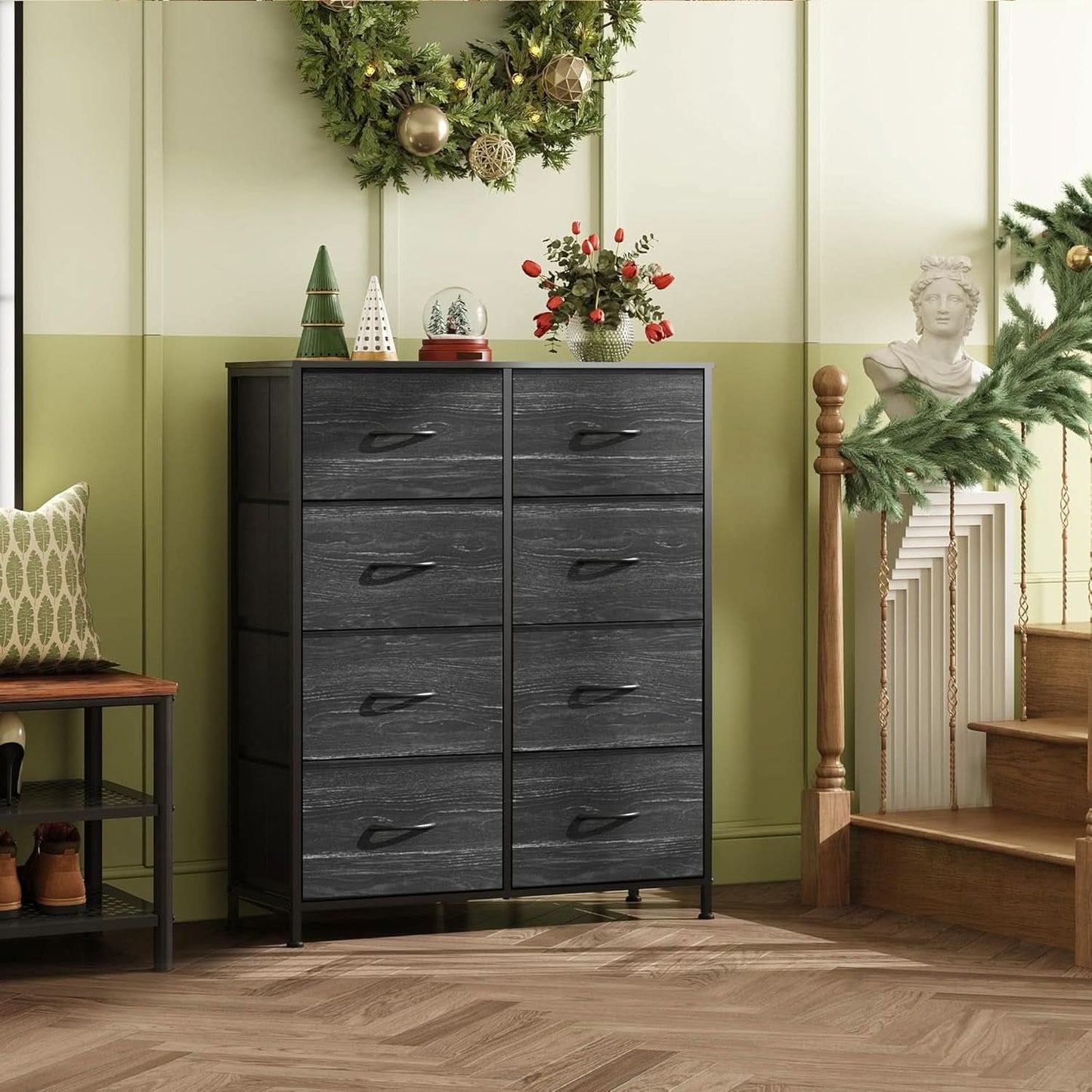 Tall Fabric Dresser With 8 Drawers In Charcoal Black Wood Grain