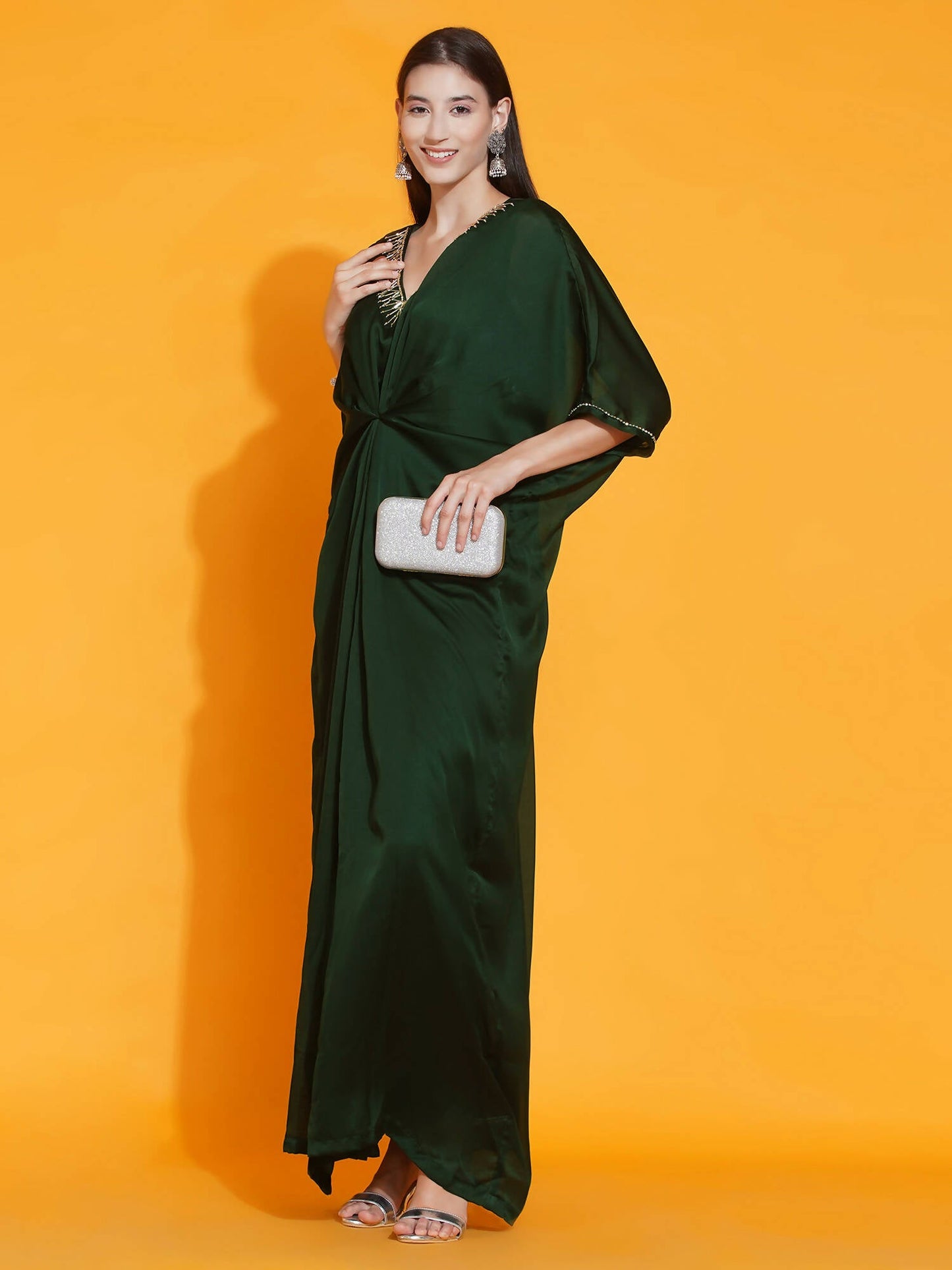 Women Republic Green Georgette Hand Embellished Kaftan Style Gown