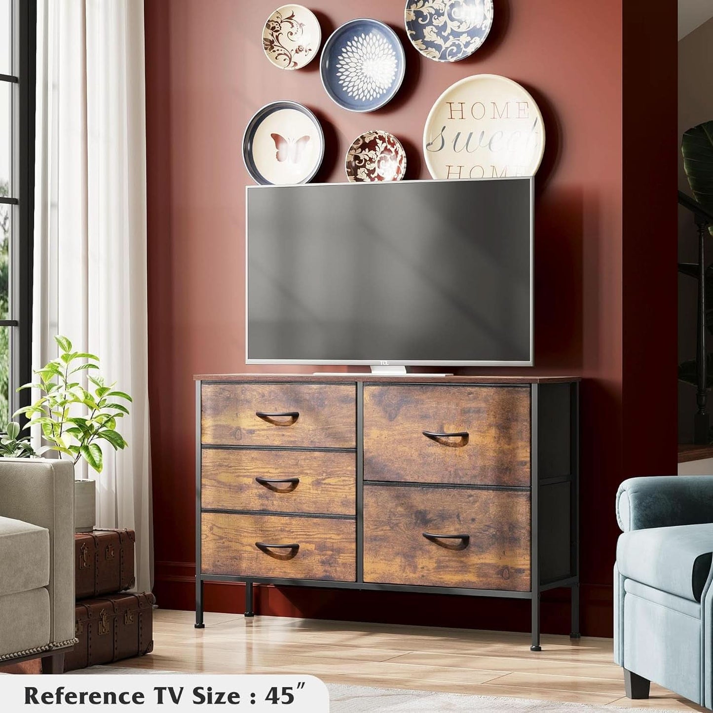 Rustic Brown Wood Grain 5 Drawer Dresser For Bedroom