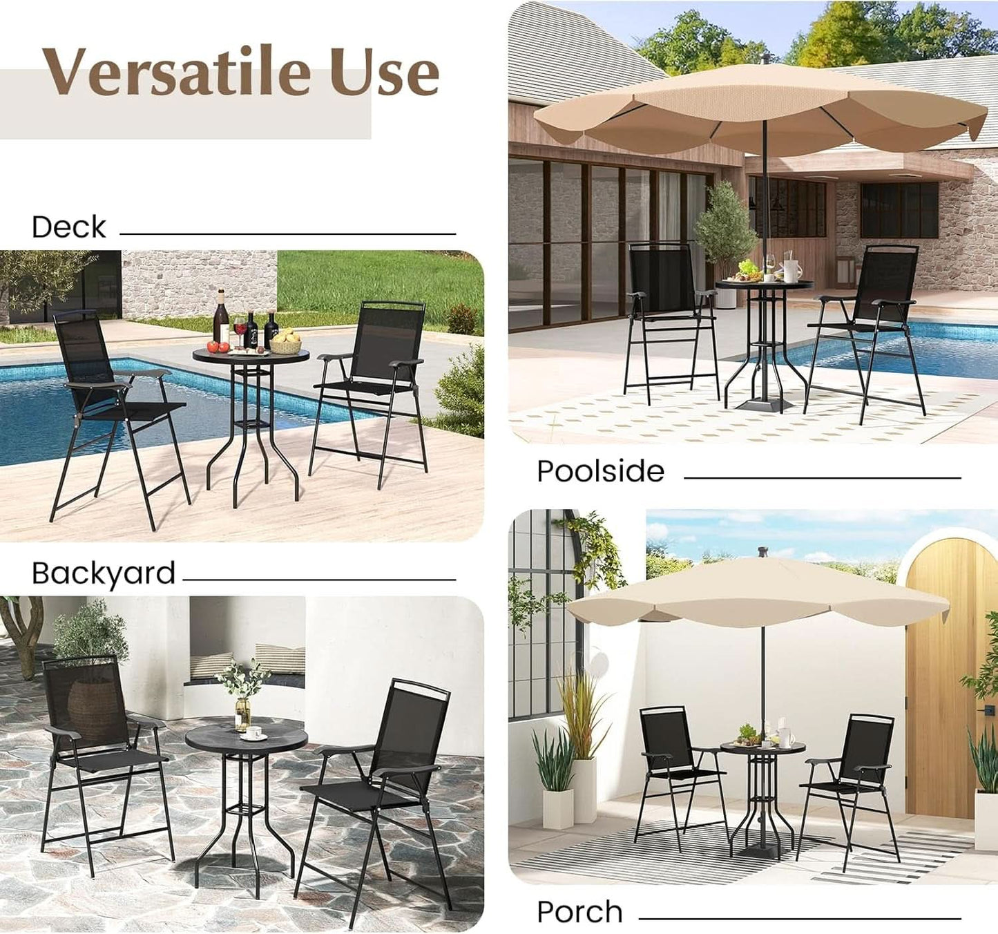 Patio Table And Chairs Set 3 Piece With DPC Tabletop And Folding Counter Height Chairs