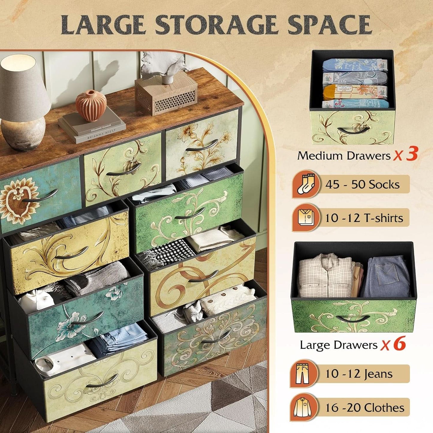 9 Drawer Dresser With Fabric Bins Floral Pattern Wood Top