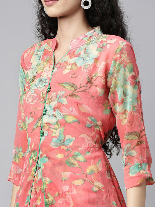 Souchii Pink & Green Floral Layered A-Line Midi Dress