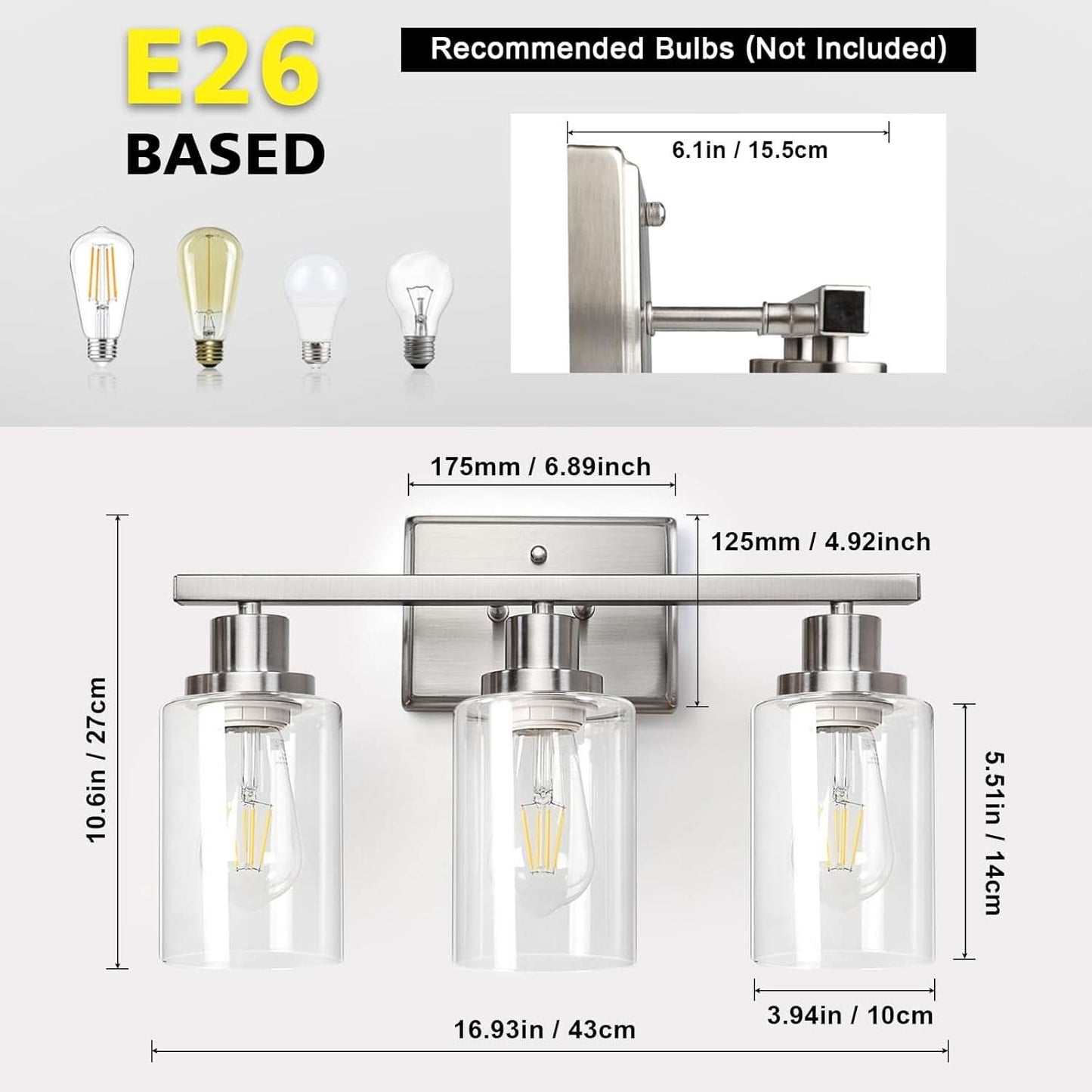 3 Light Brushed Nickel Vanity Light Fixture For Bathroom
