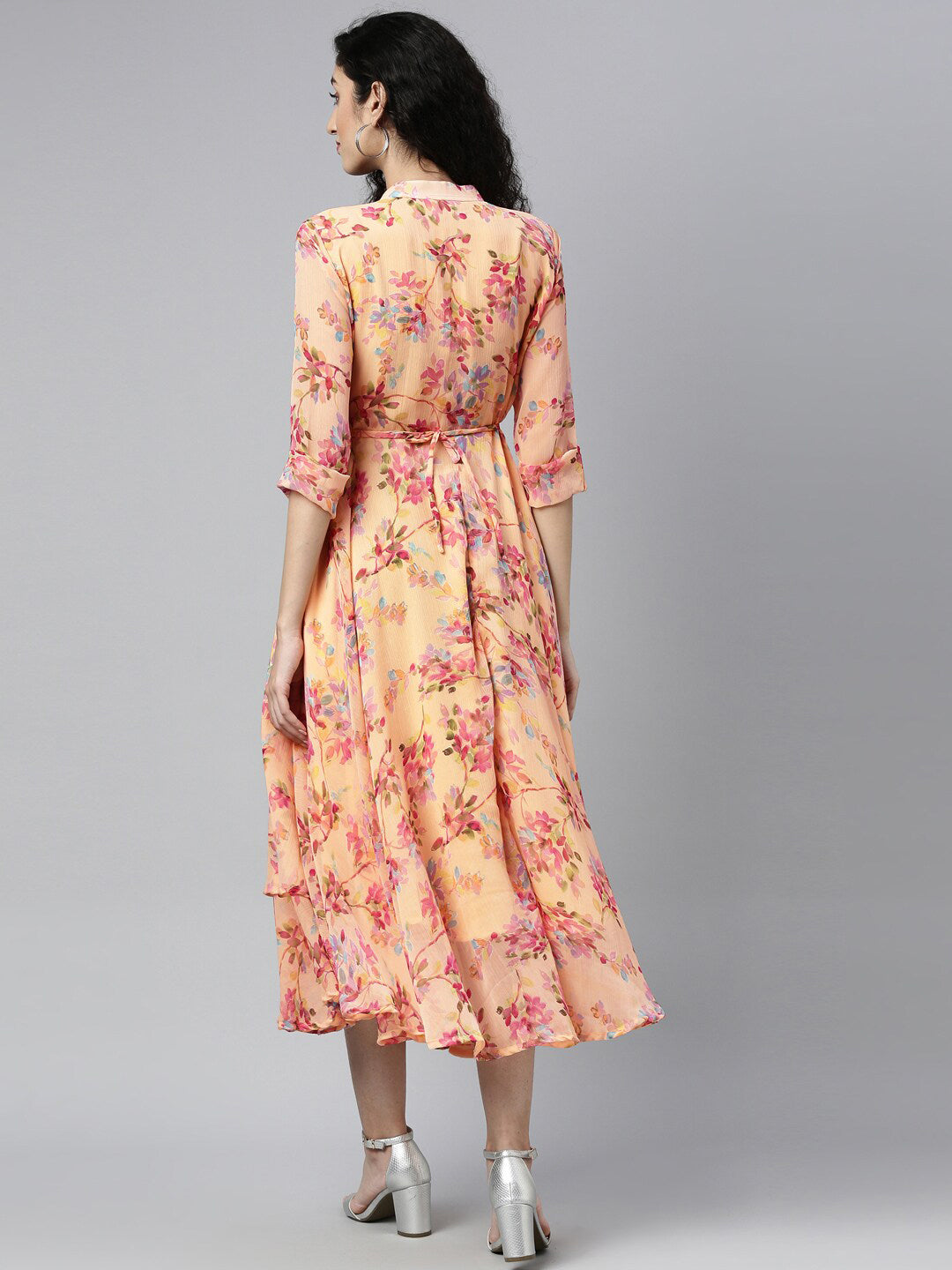Souchii Peach-Coloured Floral Layered Chiffon Beautiful A-Line Midi Dress
