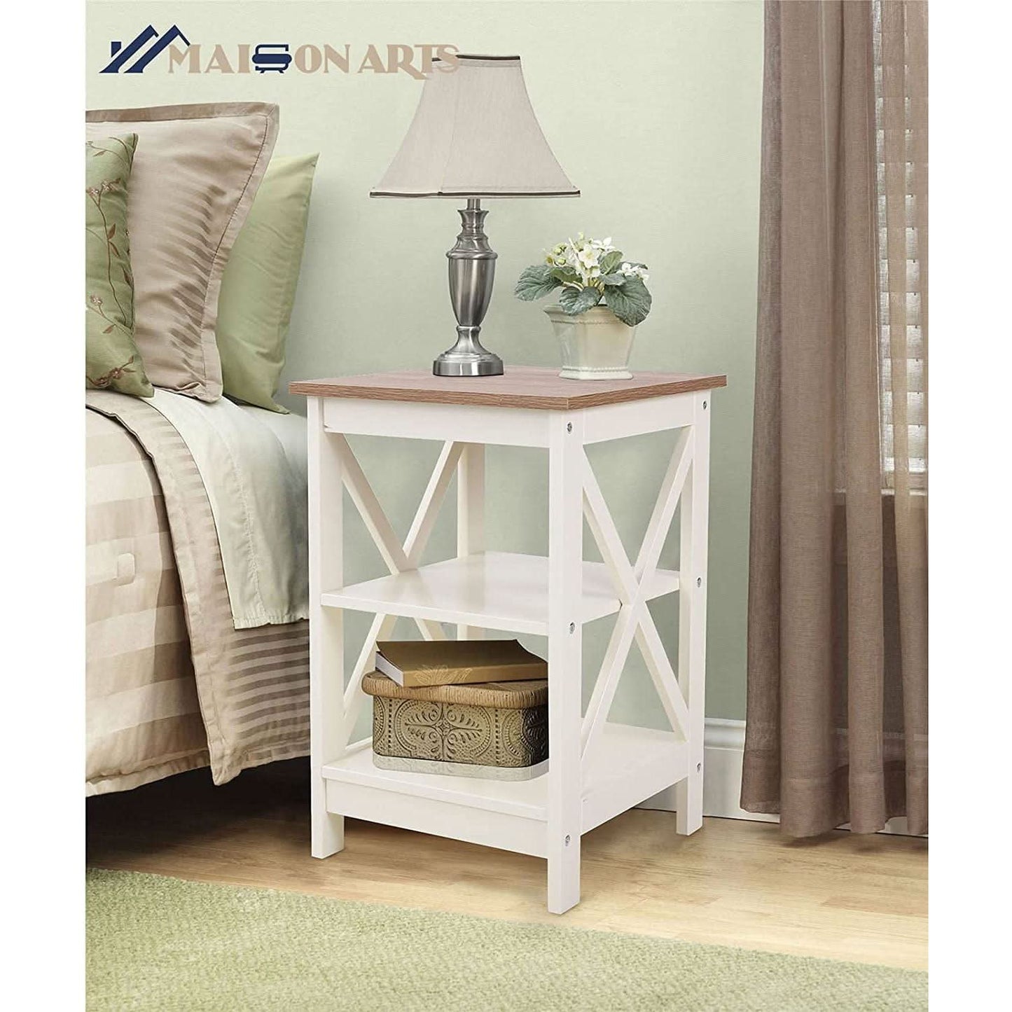 Rustic Ivory End Table Set Of 2 With Shelves 23.6 Inch