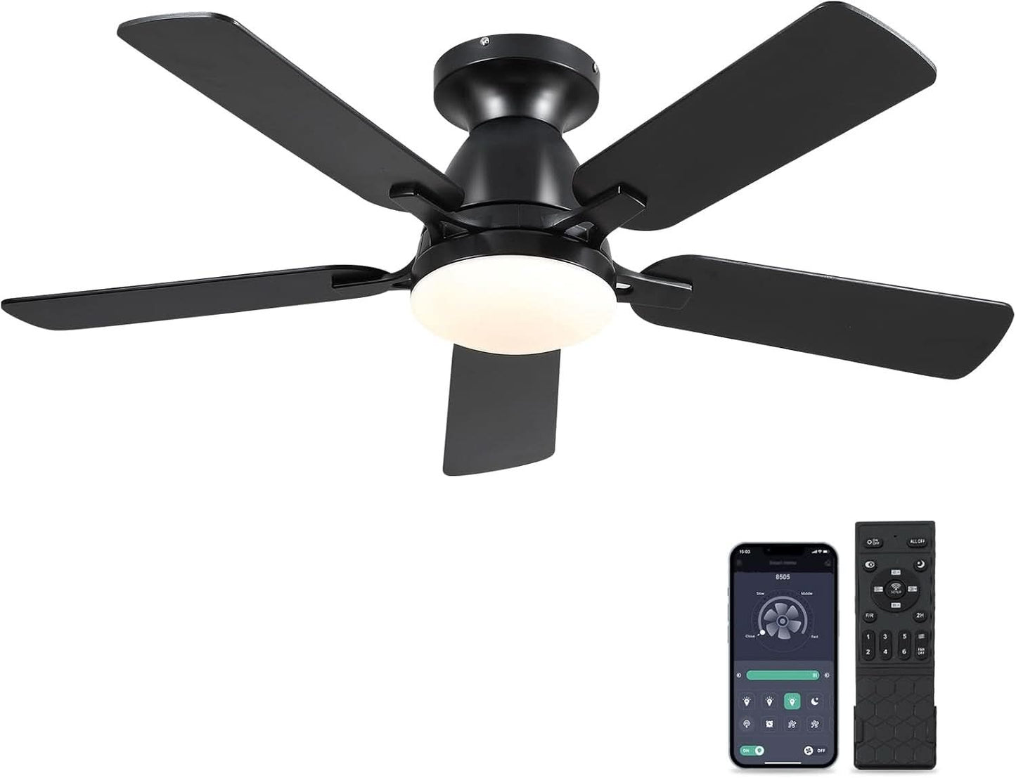 46 Inch Black Low Profile Ceiling Fan With Light Remote App