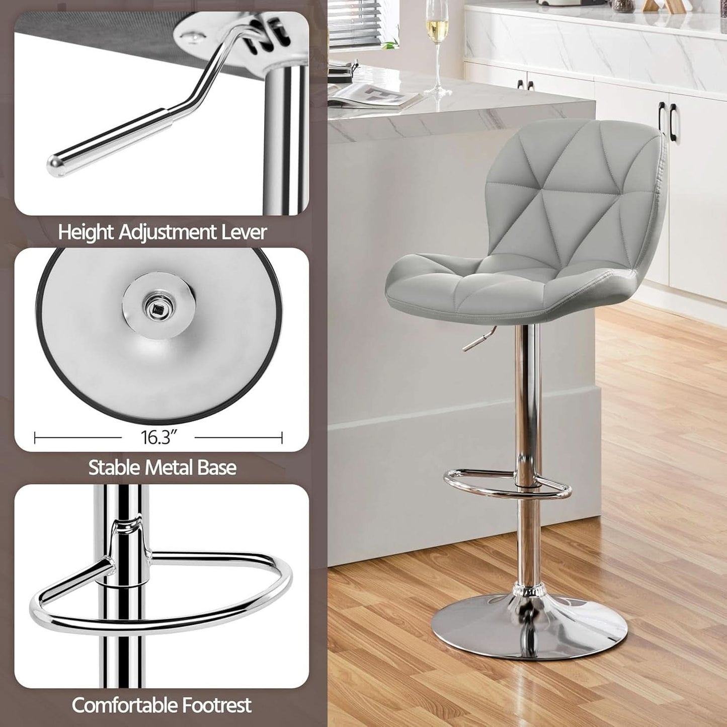 Grey PU Leather Bar Stools Set Of 2 Adjustable Height