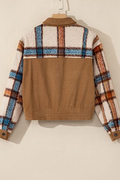 Plaid Corduroy Flap Pockets Button Up Jacket Trendy Outerwear With Classic Flap Pockets For Casual Comfort