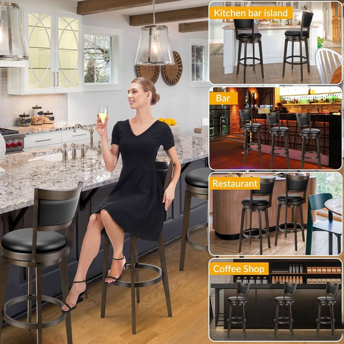 Swivel Bar Stools Set of 2 Black Faux Leather 34 Inch