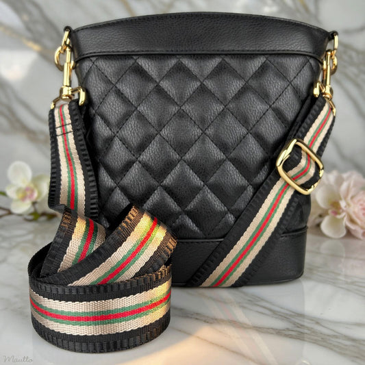 Black-Beige-Green-Red Stripe Strap - 1.5" Wide Nylon - Adjustable Shoulder to Crossbody Length - Customize Connector Style