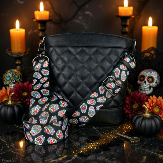 Day of the Dead / Sugar Skulls / Halloween Purse Strap - 1.5" Wide Nylon - Adjustable Shoulder to Crossbody Length