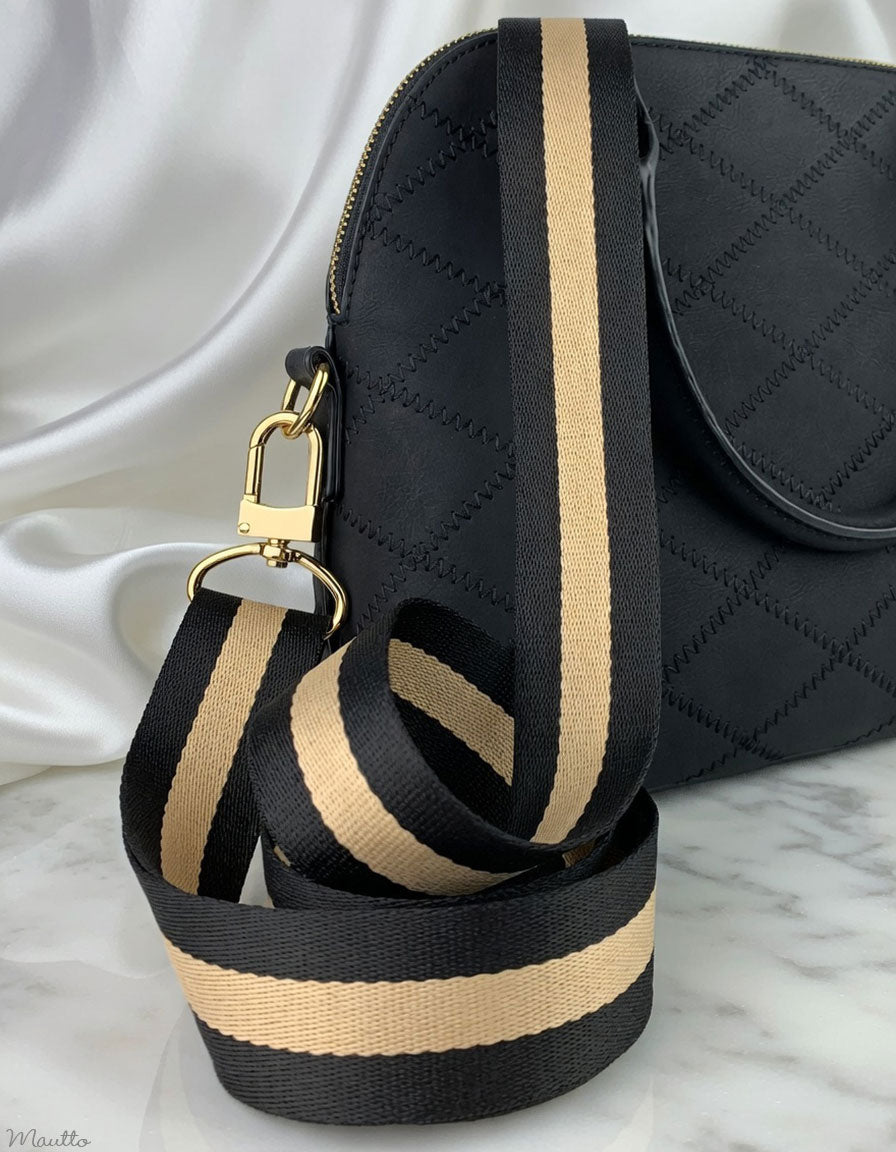 Black & Tan Stripe Strap - 1.5" Wide Nylon - Adjustable Shoulder to Crossbody Length - Choose Connector Style & Finish