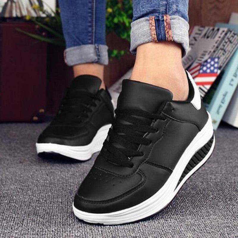 Black Breathable Waterproof Leather Casual Sports Flat Low Top Comfortable Women's Sneakers