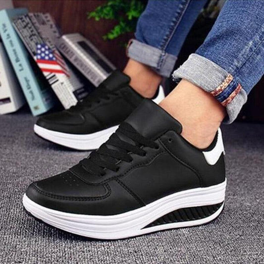 Black Breathable Waterproof Leather Casual Sports Flat Low Top Comfortable Women's Sneakers