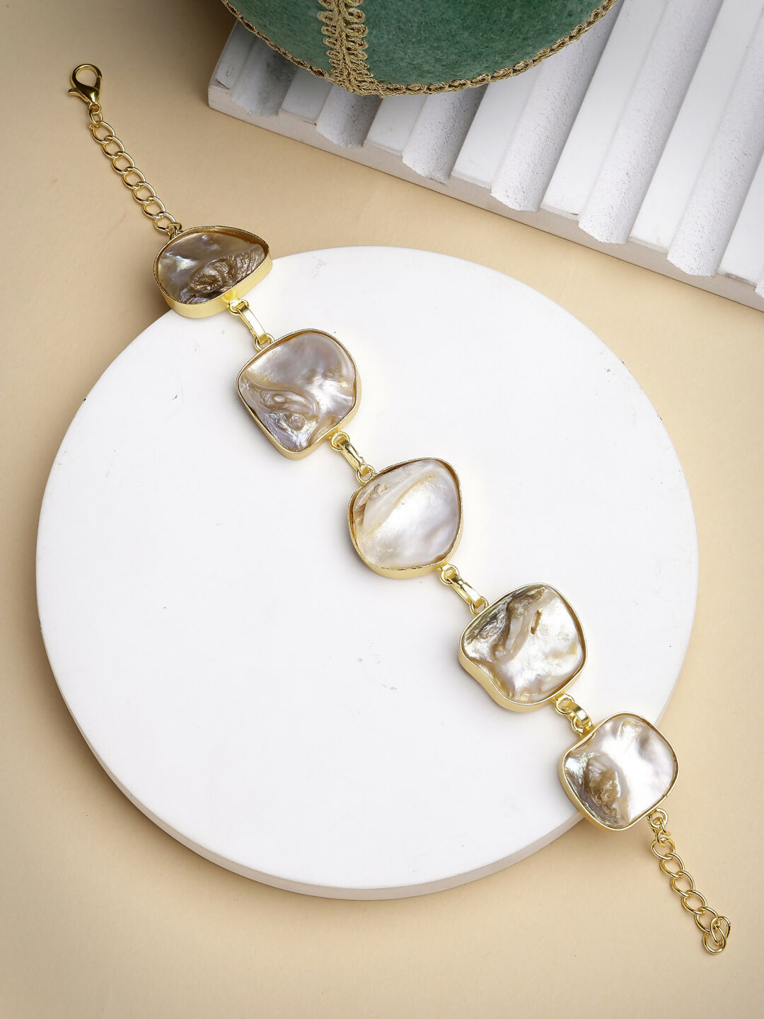 NVR Women's Gold-Polished Handcrafted Mother of Pearl Link Bracelet