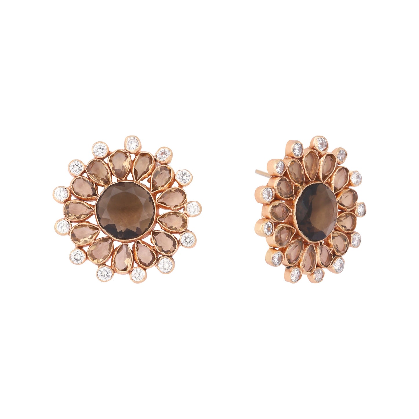 Nuyug 22K Gold Plated Faux Smoky Quartz & White Crystal Studded Contemporary Floral Shaped Studs