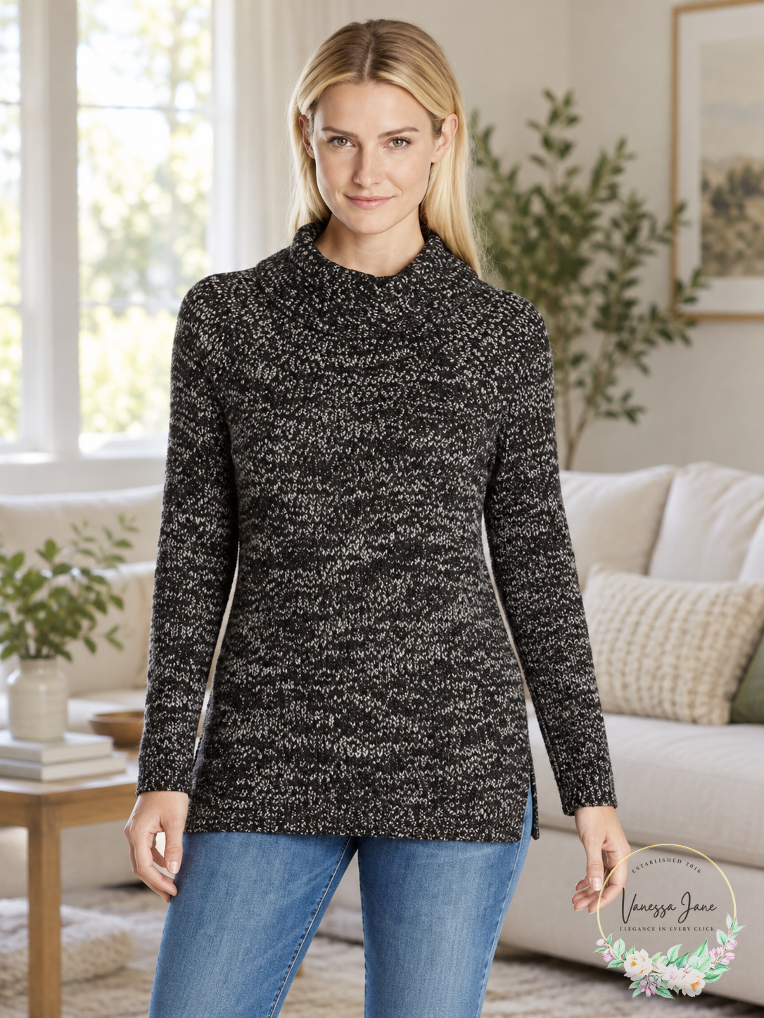 Heather B Womens Marled Hi Twist Turtle Neck Tunic with Side Slits Black/Grey L