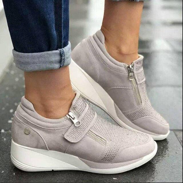 Breathable Woman Zipper Platform Trainers Casual Lace-Up Rhinestone Walking Shoes