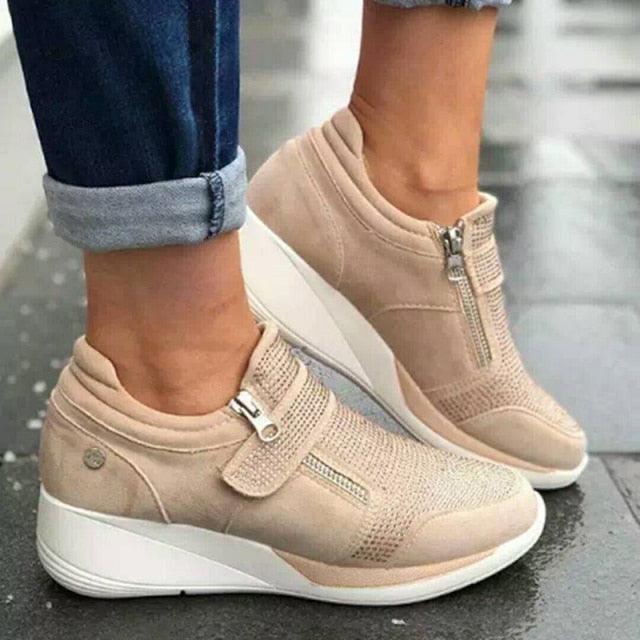 Breathable Woman Zipper Platform Trainers Casual Lace-Up Rhinestone Walking Shoes