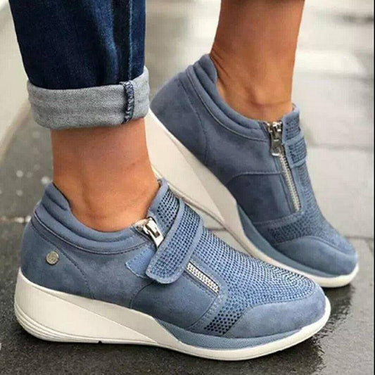 Breathable Woman Zipper Platform Trainers Casual Lace-Up Rhinestone Walking Shoes