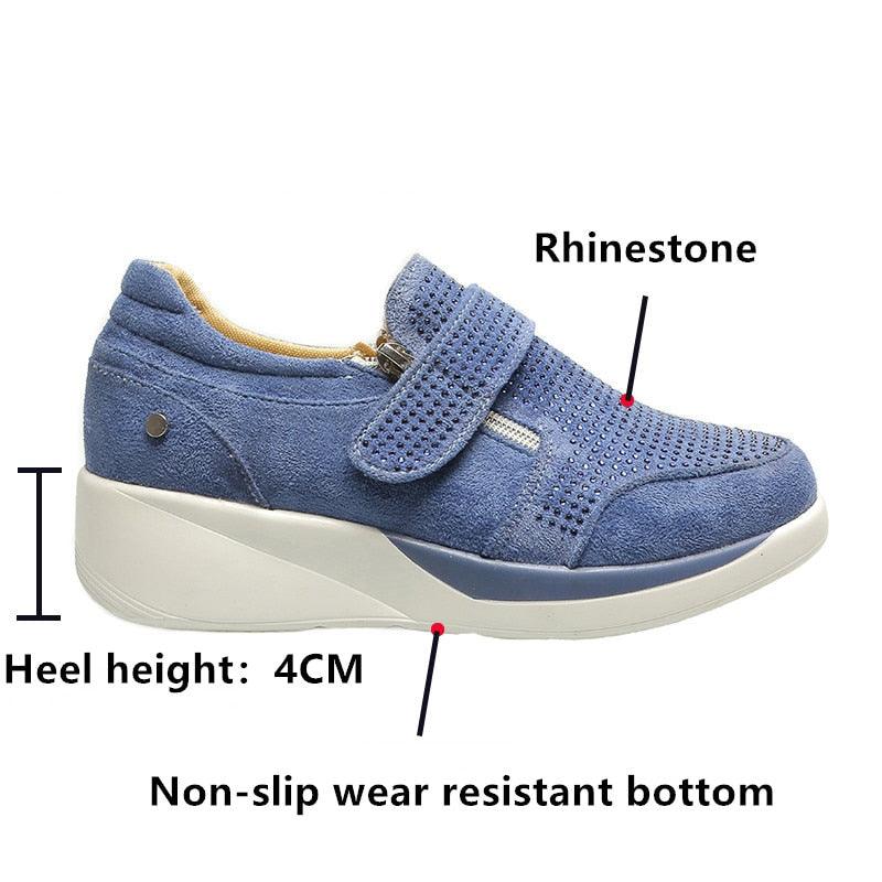 Breathable Woman Zipper Platform Trainers Casual Lace-Up Rhinestone Walking Shoes