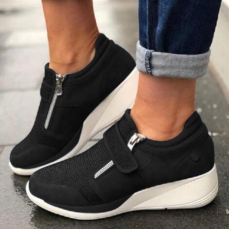 Breathable Woman Zipper Platform Trainers Casual Lace-Up Rhinestone Walking Shoes