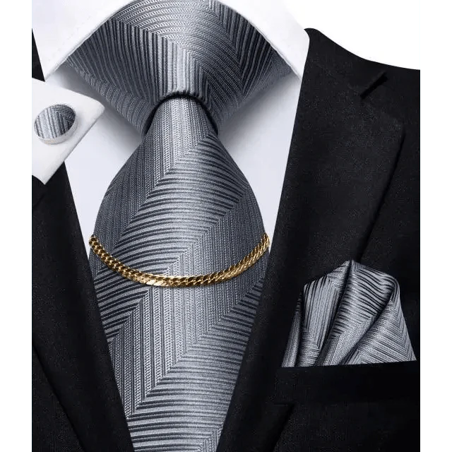Business Silk Necktie Chain Classic Tie Square Handkerchief Elegant Cufflink Set