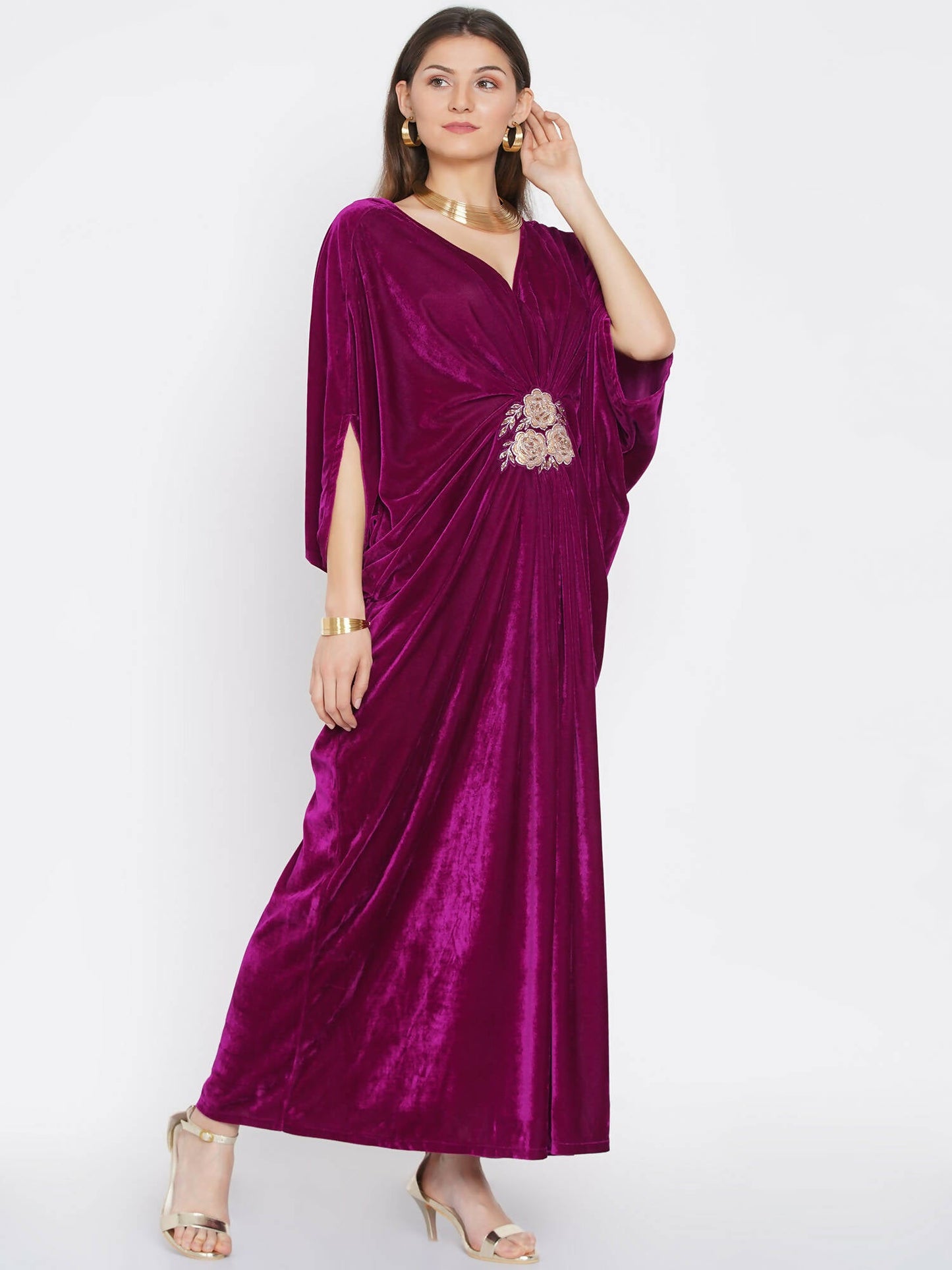 Women Republic Wine Velvet Embroiderd Gown