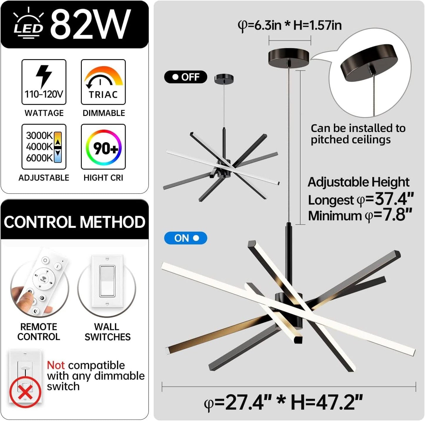 Black 31.5 Inch Modern Sputnik LED Chandelier Lighting