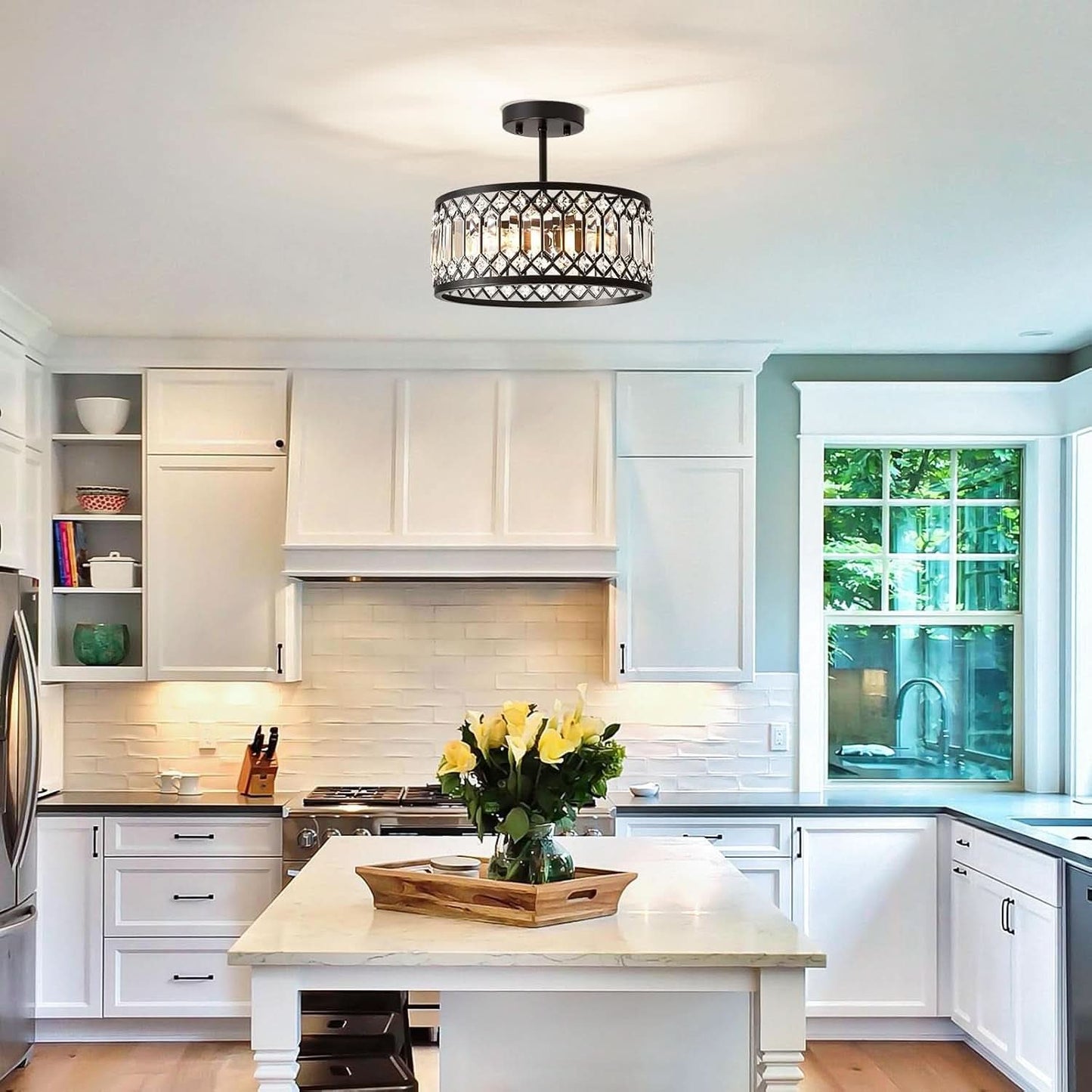 Crystal Black Three Light Semi Flush Mount Ceiling Light