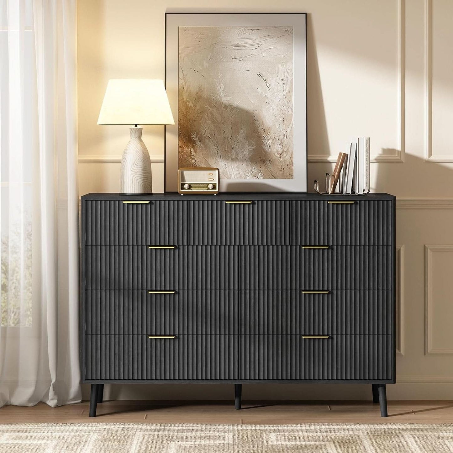Fluted Nine Drawer Dresser 55 Inch Matte Black With Gold Handles