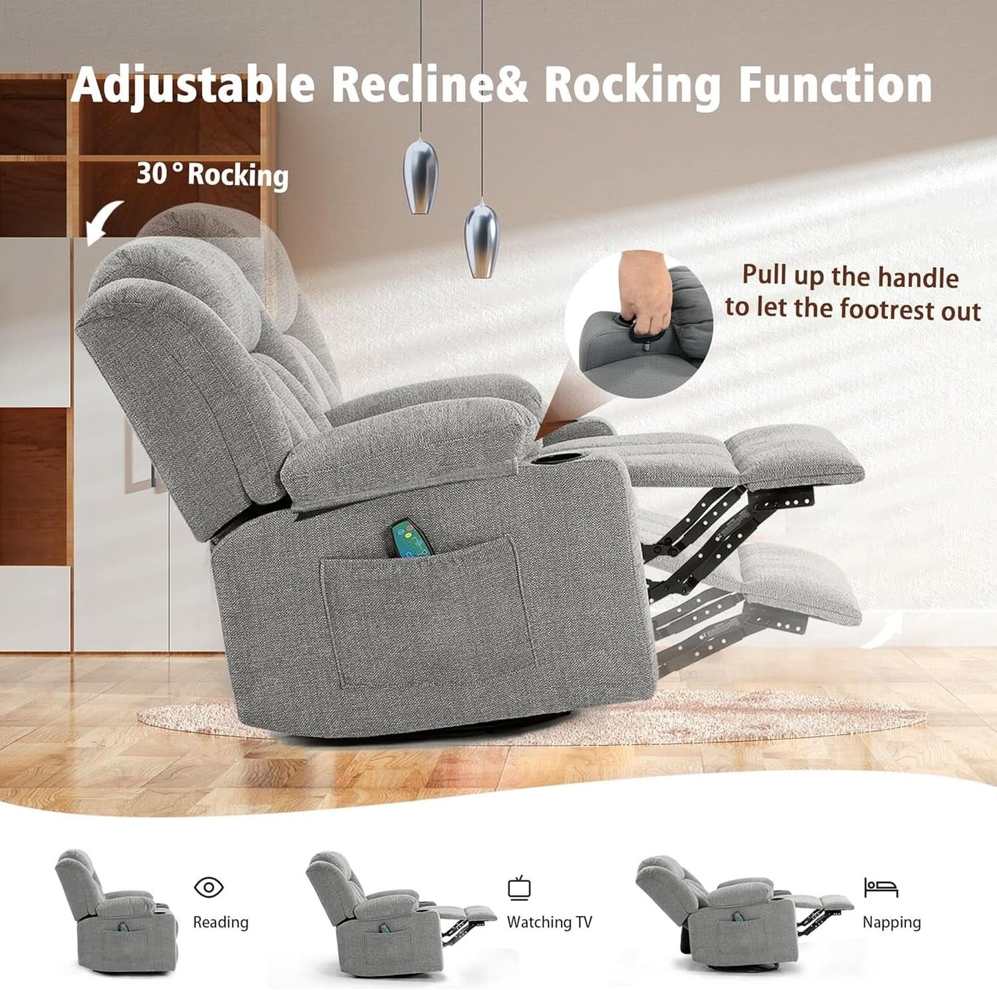 Large Rocker Swivel Recliner Chair With Massage And Heat