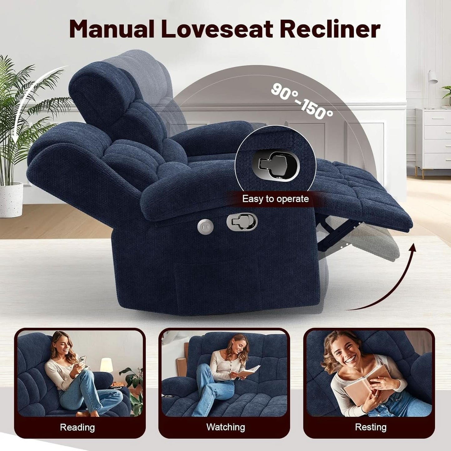 Blue Fabric Reclining Loveseat With USB Ports For Living Room