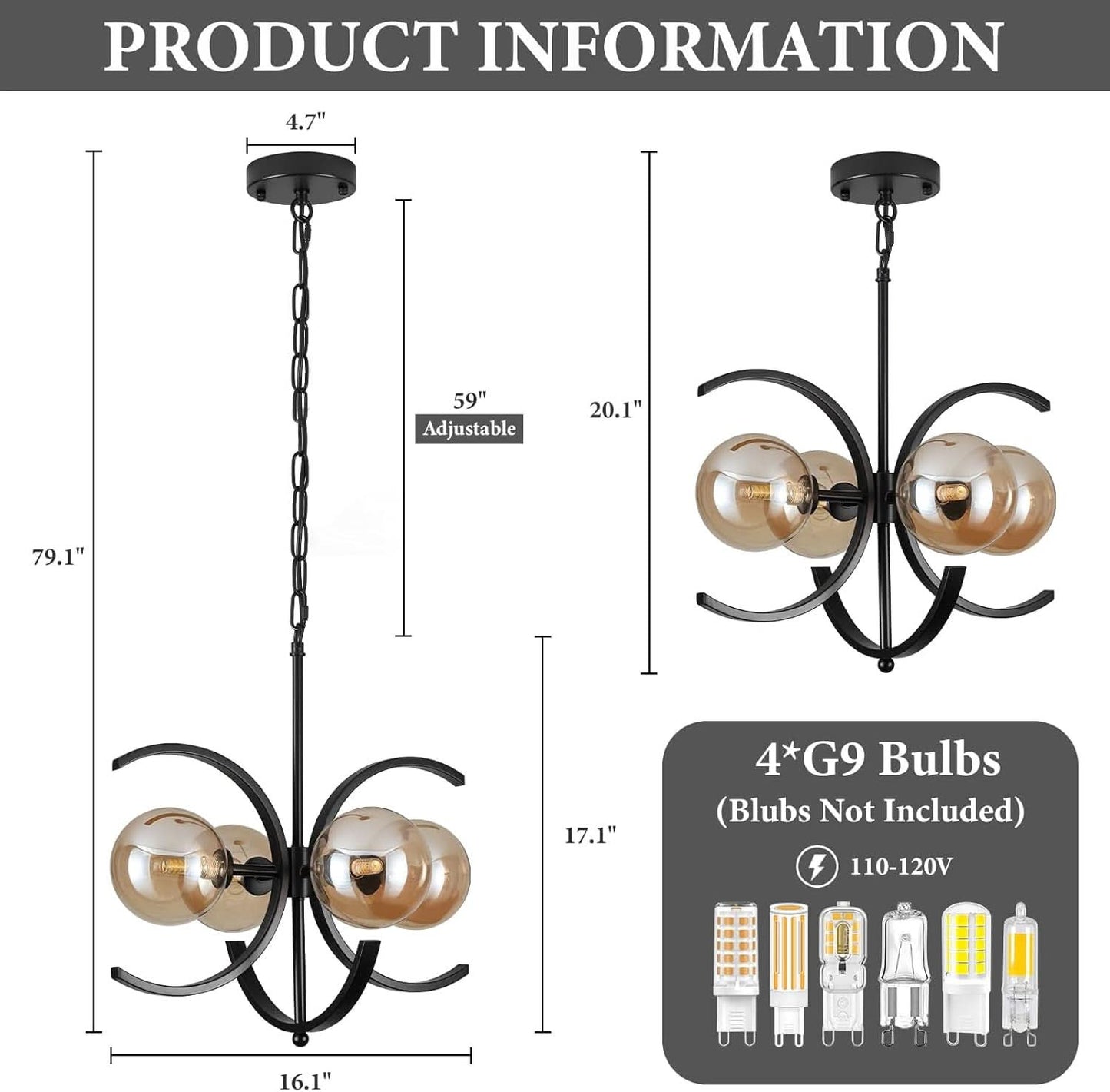 Black Sputnik Chandelier 4 Light Amber Glass Globes