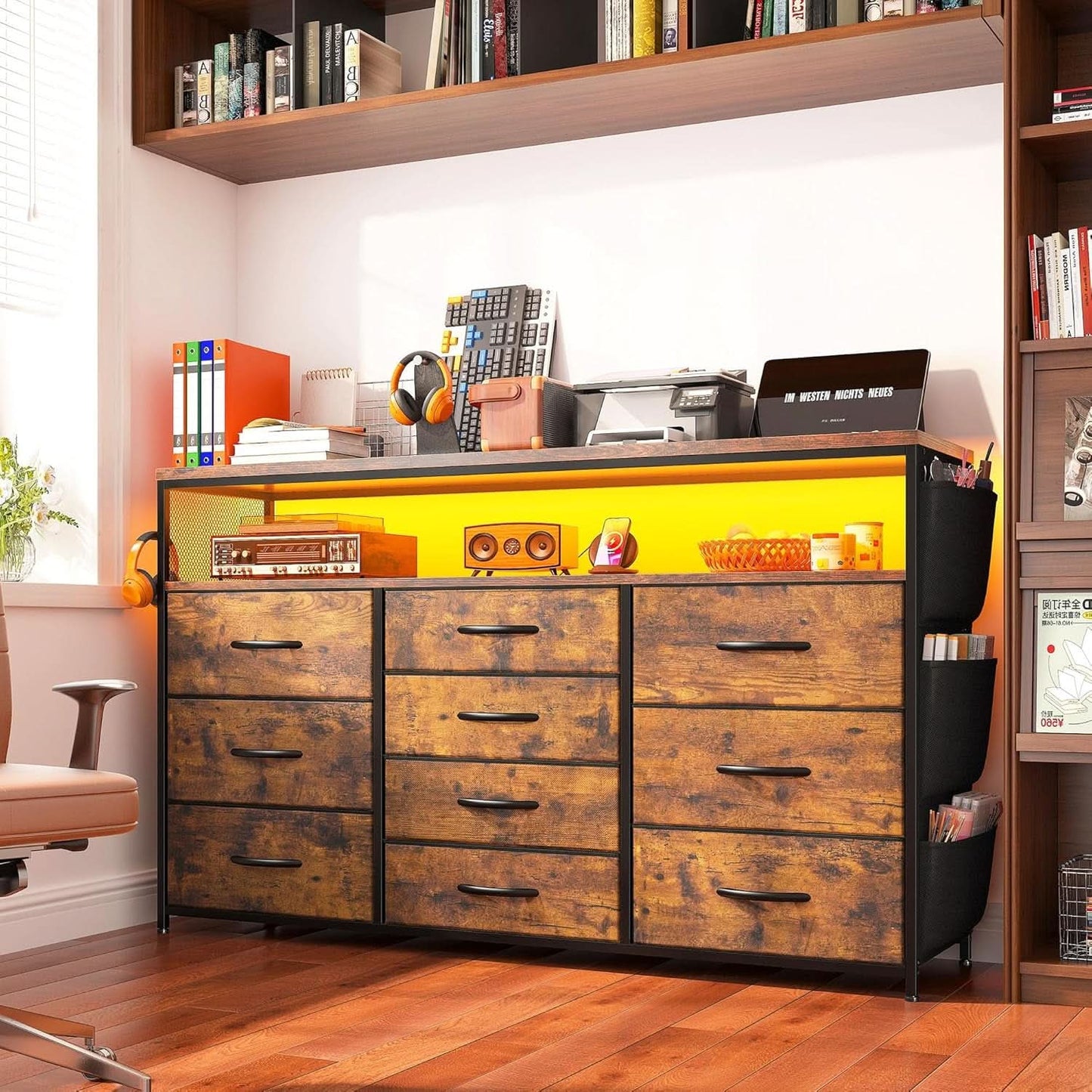 Dresser TV Stand 55 Inch 10 Drawers Rustic Brown Storage