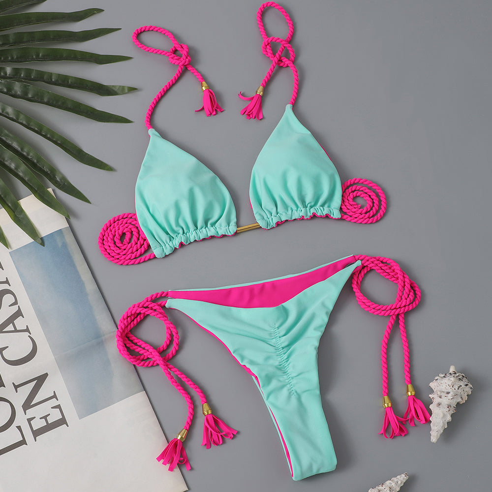 New Festival Flame Halter Bikini Set for Women – Triangle V-Neck Backless Two-Piece Swimsuit with Tie Side Bottoms & Adjustable Lace-Up Fit – Sleek Polyamide Swimwear for Koningsdag/King’s Day & Summer Beach Celebrations