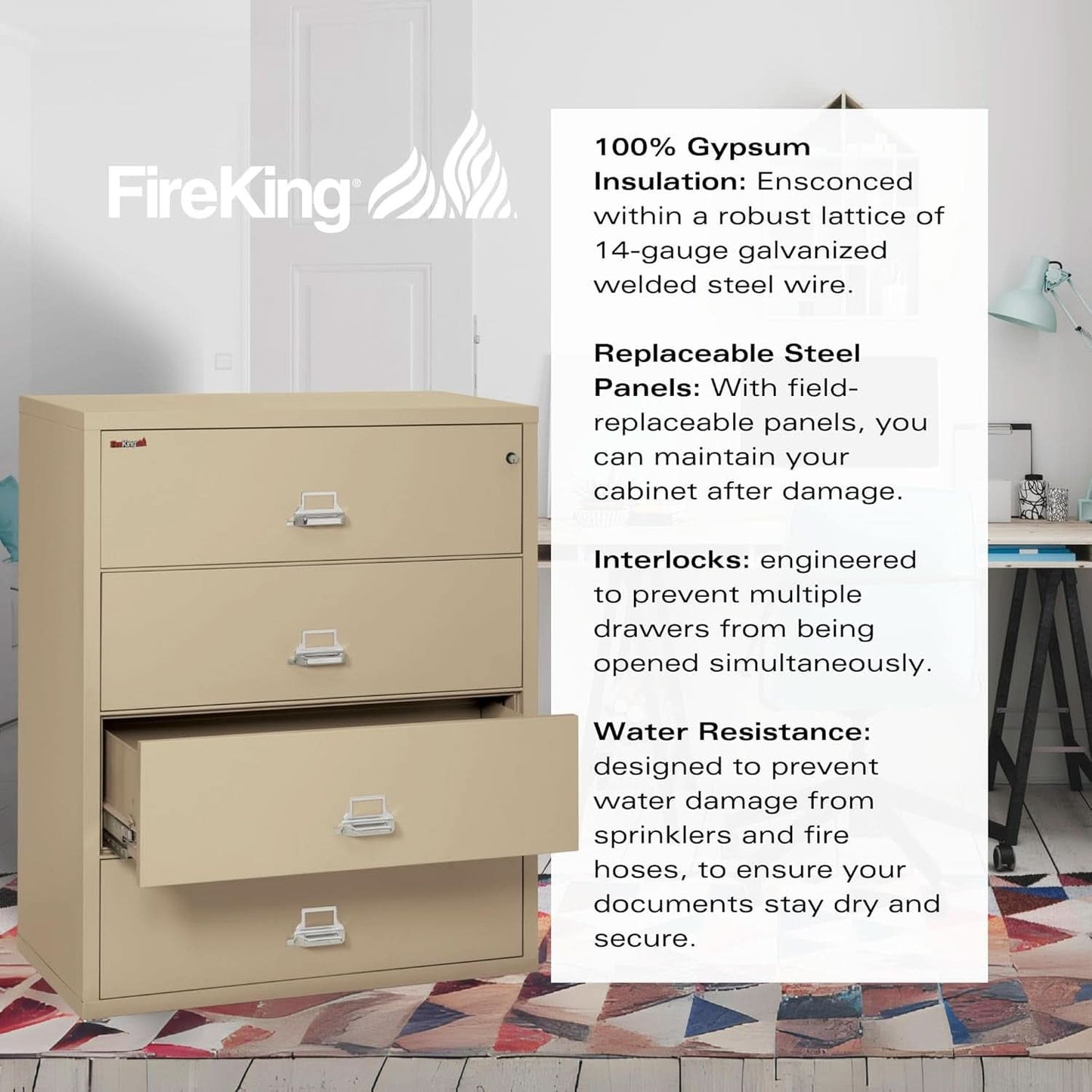 Lateral 4 Drawer Fire Safe File Cabinet With Key Lock 1 Hour Fire Rated