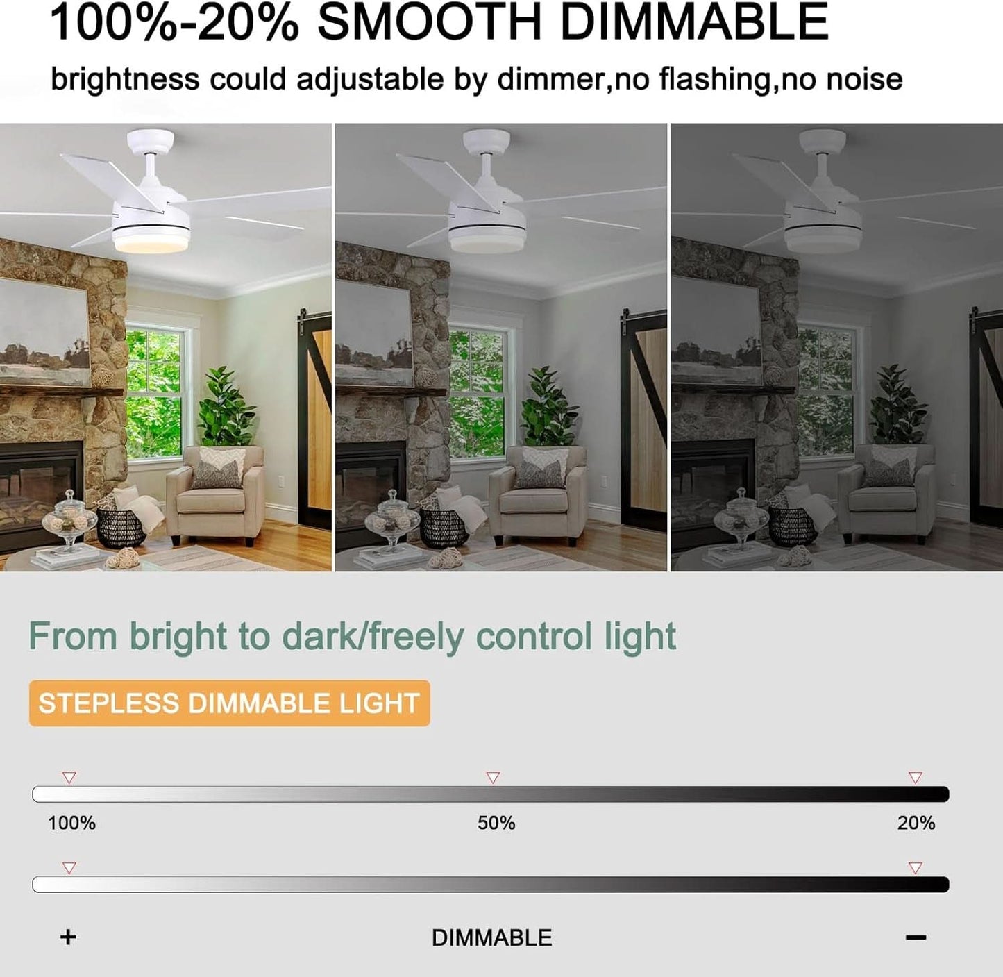 52 Inch White Ceiling Fan With Dimmable LED Lights