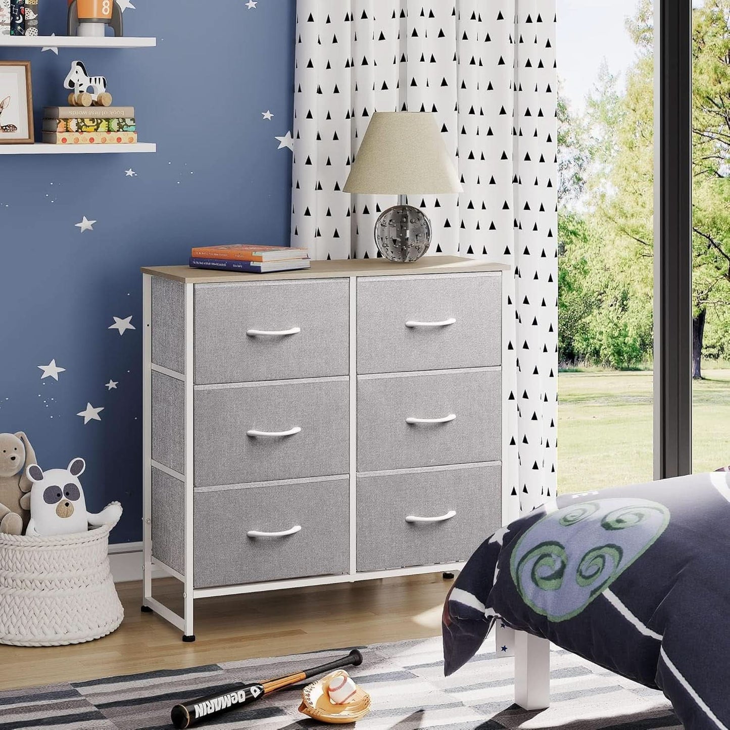Light Grey Fabric Dresser With 6 Drawers And Fabric Bins