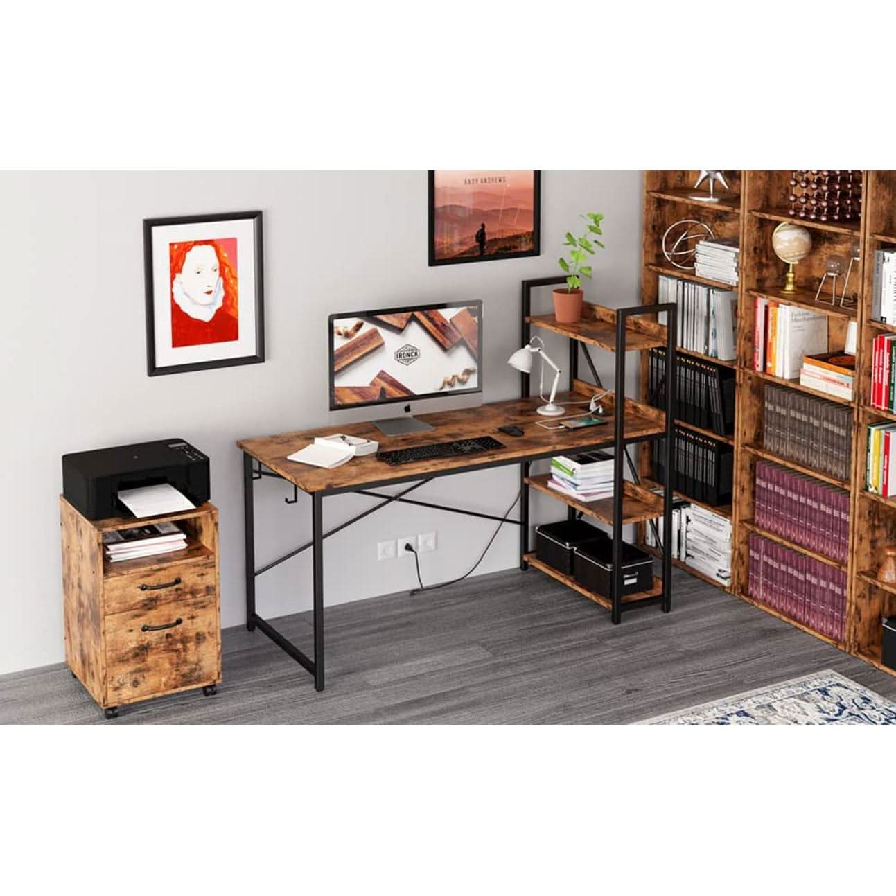 Rustic Brown Desk With Built In Power And Spacious Storage For Home Office