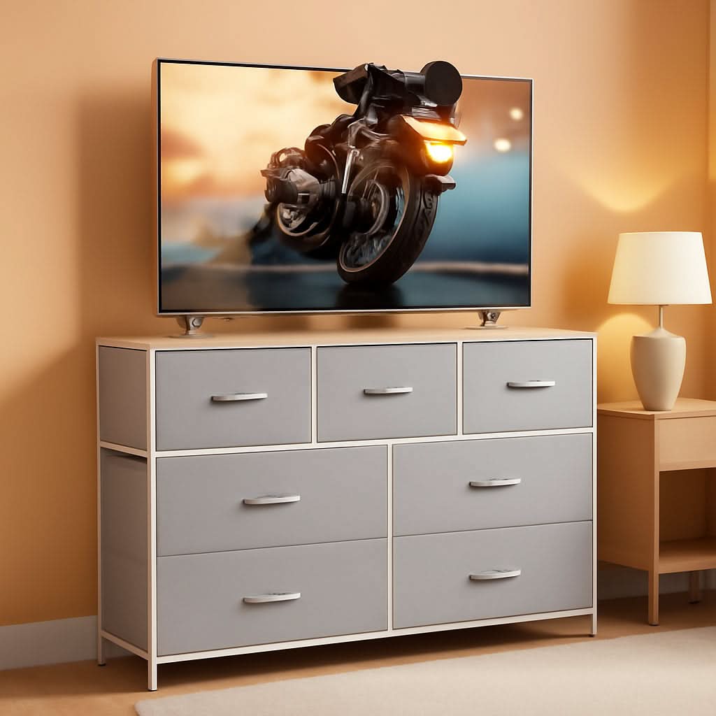 Light Grey Dresser TV Stand 45 Inch TV With Fabric Drawers