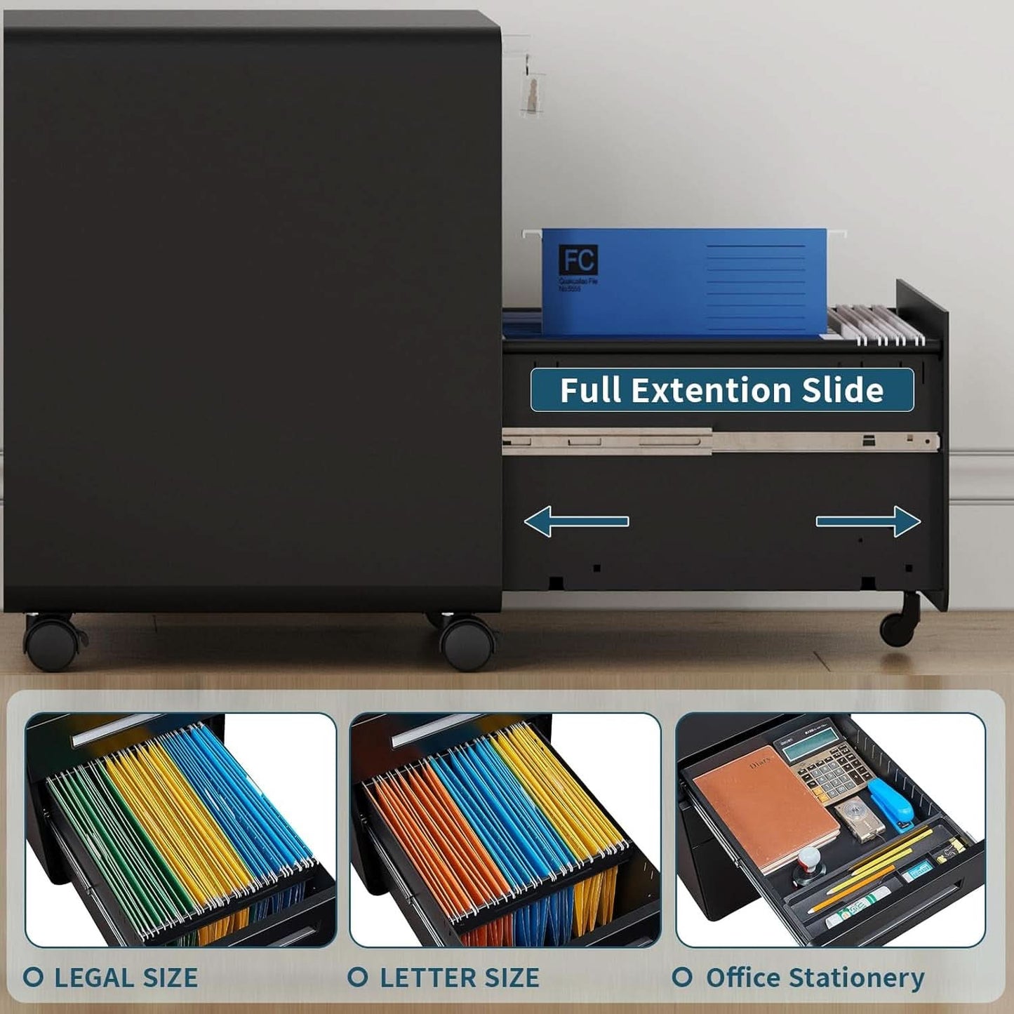 Mobile 3 Drawer Filing Cabinet With Lock Black Rolling