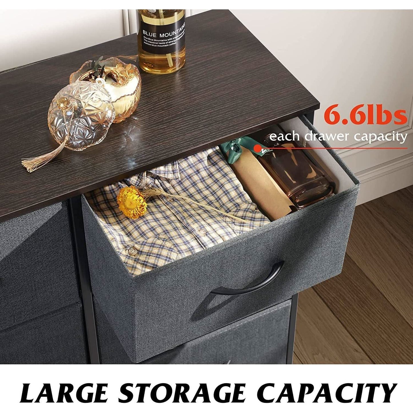 Six Drawer Dark Grey Fabric Dresser For Bedroom Storage