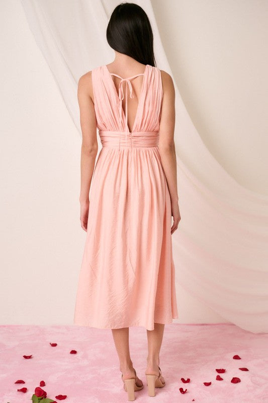Ruched V-Neck Sleeveless Midi Dress For Women – Elegant and Chic Dress with Flattering Ruched Detailing and Sophisticated V-Neck