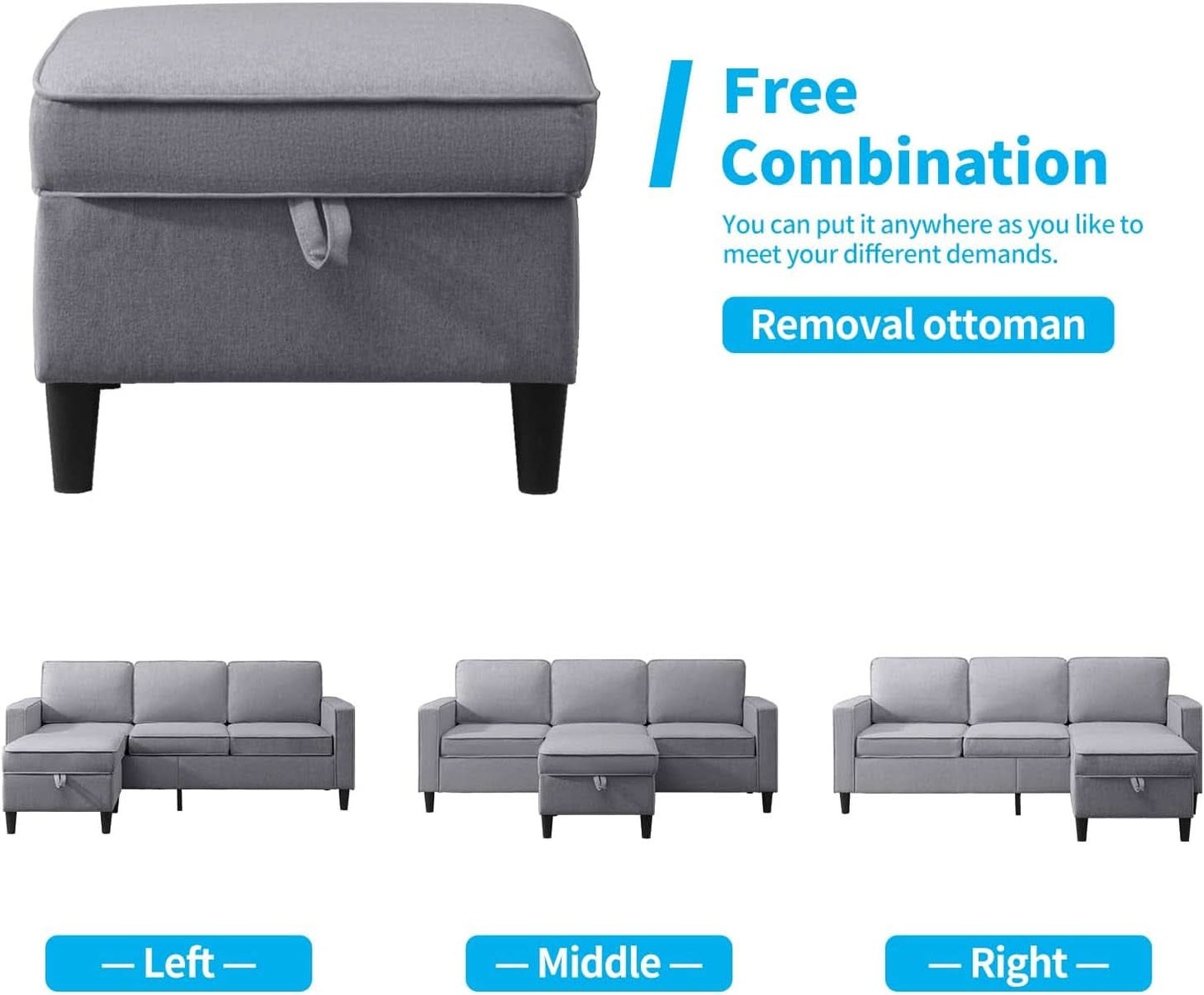 Light Grey Convertible Sofa Set With Storage Ottoman