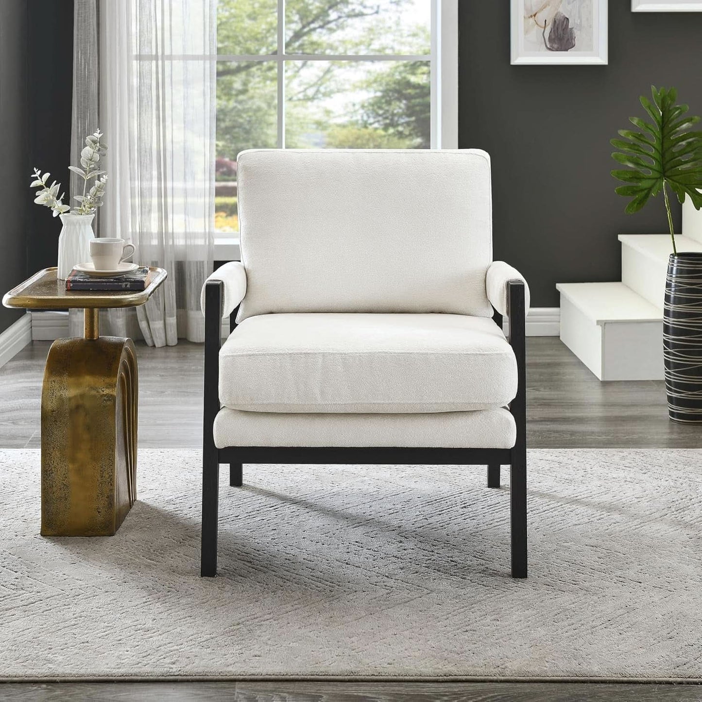 White Chenille Upholstered Mid Century Accent Armchair