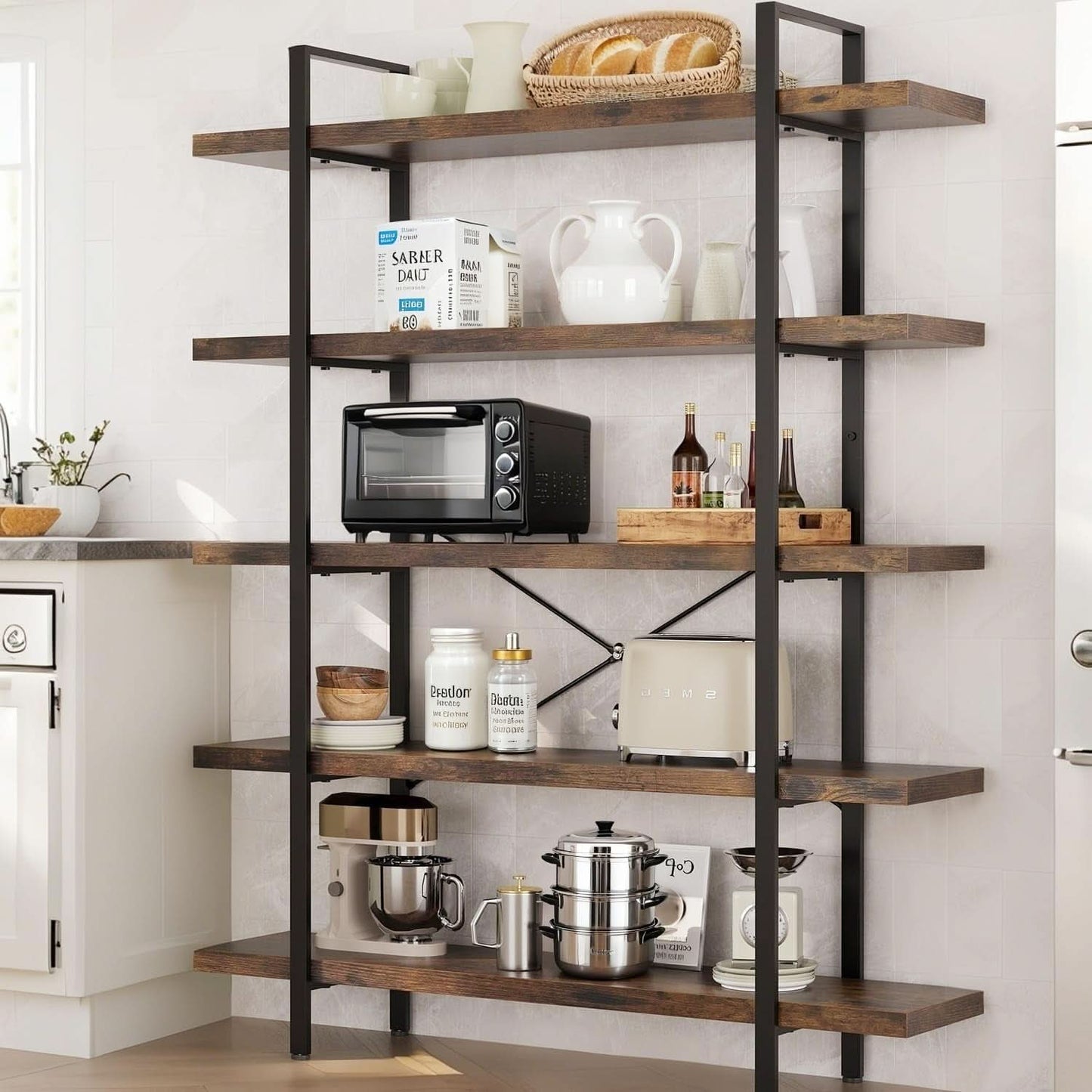 Brown 47 Inch Wide Industrial Bookcase Open Shelves