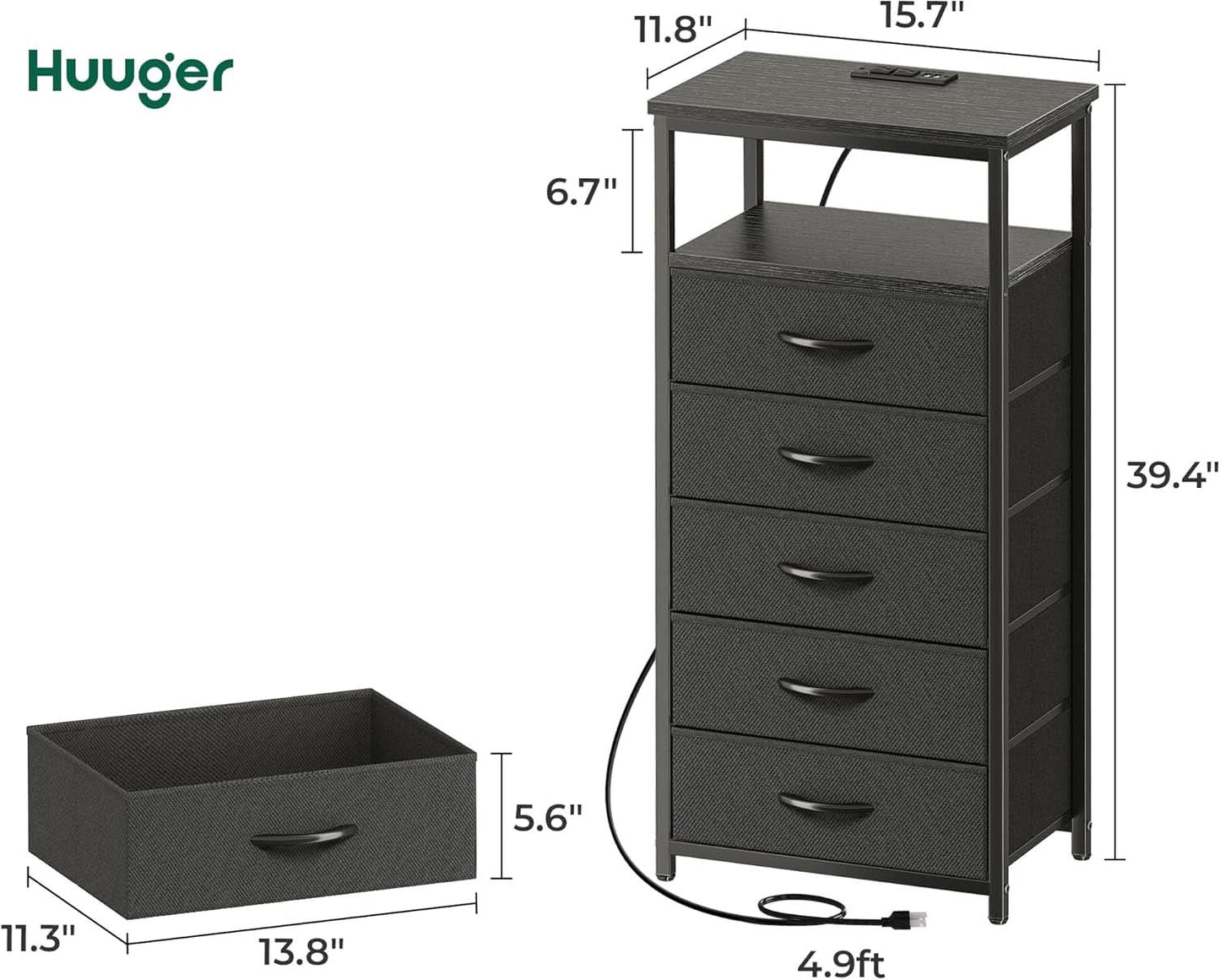 Black Five Drawer Dresser With Integrated Charging Station
