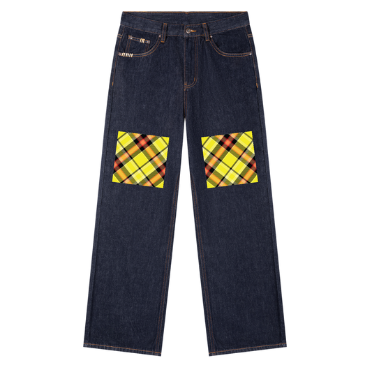 QE Plaid Walker Heavyweight Straight Leg Denim Jeans